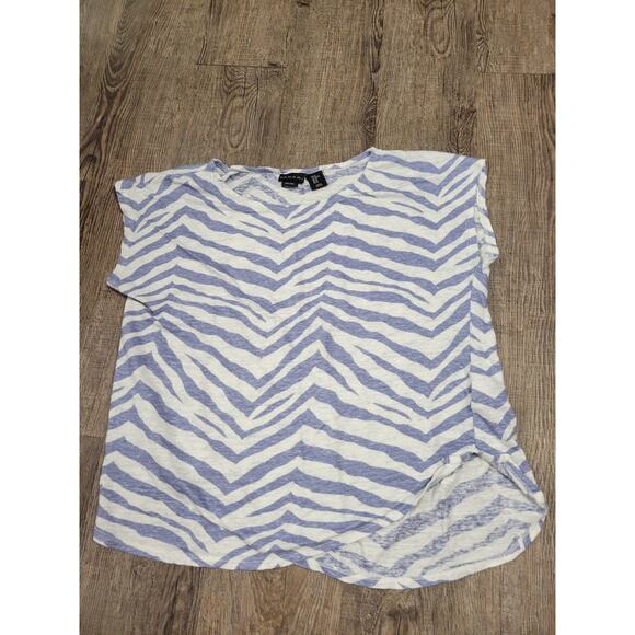 TAHARI Blue White 100% Linen V-Neck Short Sleeve Hi-Low Hem Tunic Top Large - Picture 1 of 3